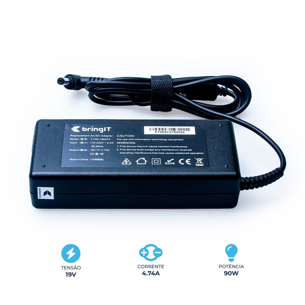 Fonte Carregador para Notebook Acer Aspire A315-56 com saída 19 V 4.74 A 90 W e conector 5.5 mm x 1.7 mm